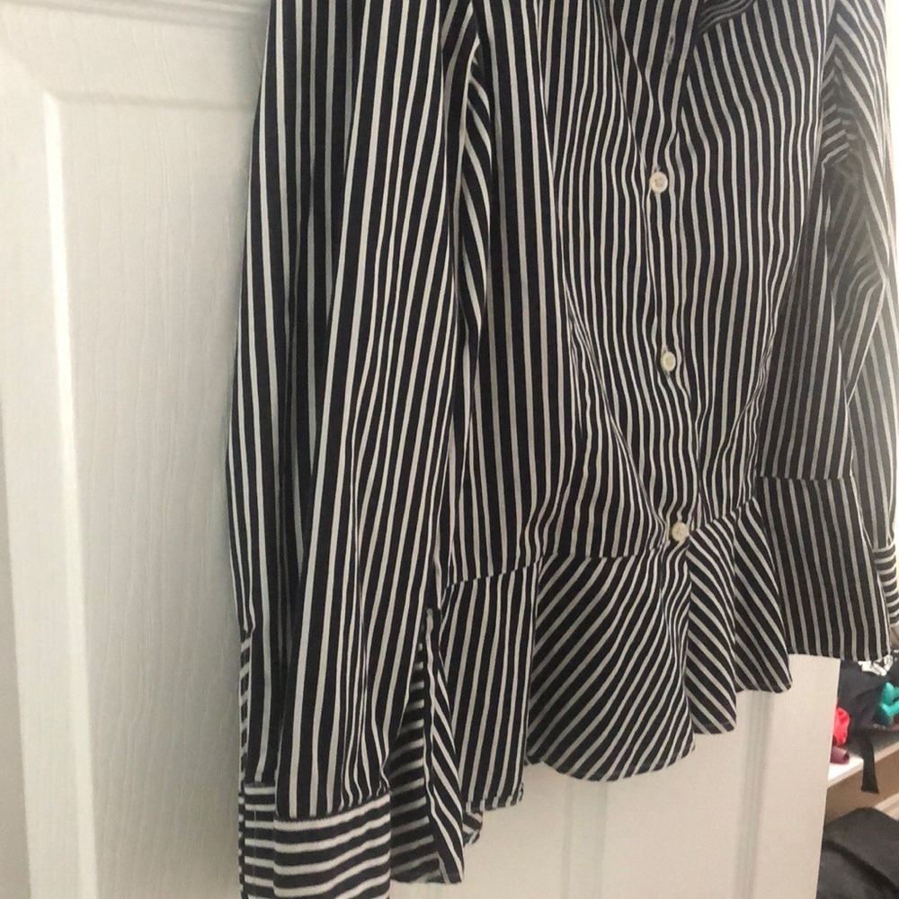Lauren Ralph Lauren Black and White Striped Peplum Button Down Shirt - Picture 6 of 16